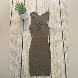 Women's Stretchy Olive Lace-Design Ribbed Bodycon Dress, Sz Medium